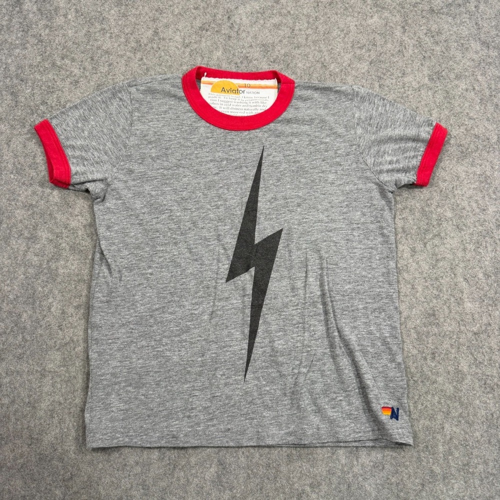 Aviator Nation Kids Heather Grey Red Ringer Lightning Bolt Tee Youth Size 10